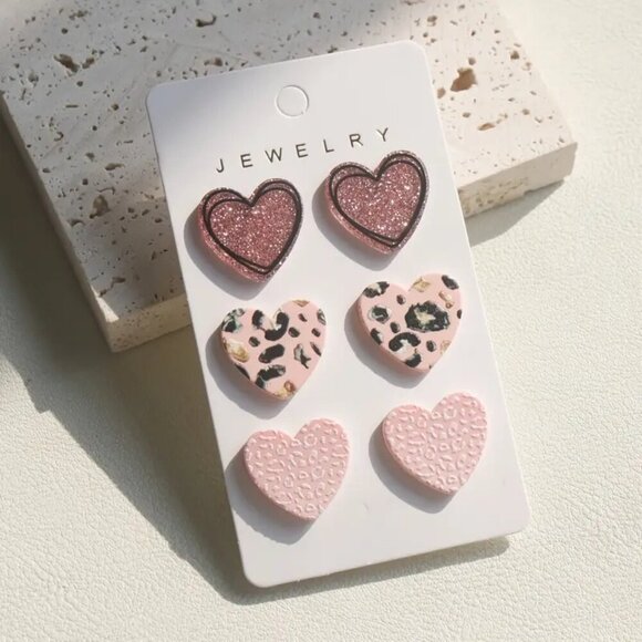 NEW 3 Pairs Heart Stud Earrings Pink & black Leopard Print heart earrings trendy - Picture 1 of 3